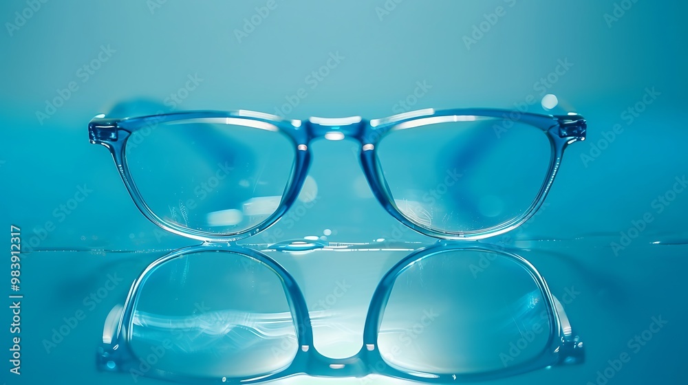 Separated glasses with blue shining on a cyan surface Separated glasses with blue shining on a cyan surface