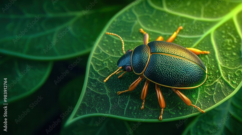 Naklejka premium Close-up of a vibrant beetle resting on lush green leaves, showcasing its intricate details and colorful patterns in nature.