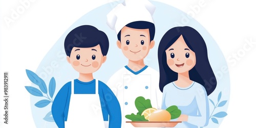 An Asian family is preparing food together in the kitchen.