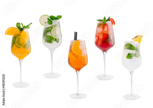 Five colorful cocktails with fruit and mint standing on white background