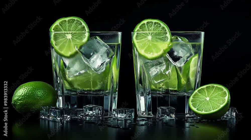 Two glasses of ice-cold lime juice, garnished with lime slices, evoke a refreshing summer vibe. Two glasses of ice-cold lime juice, garnished with lime slices, evoke a refreshing summer vibe.