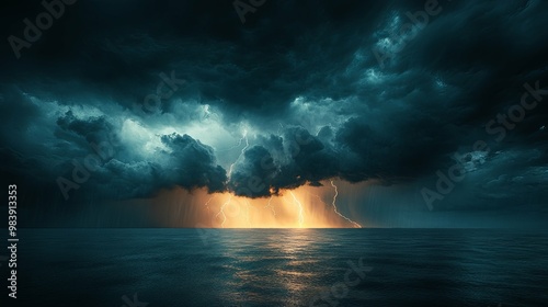 Thunderstorm Over a Dark Ocean with Lightning Bolts photo