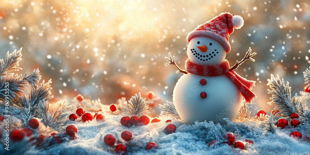 Obraz premium Merry christmas happy new year greeting Happy snowman standing in christmas Snow