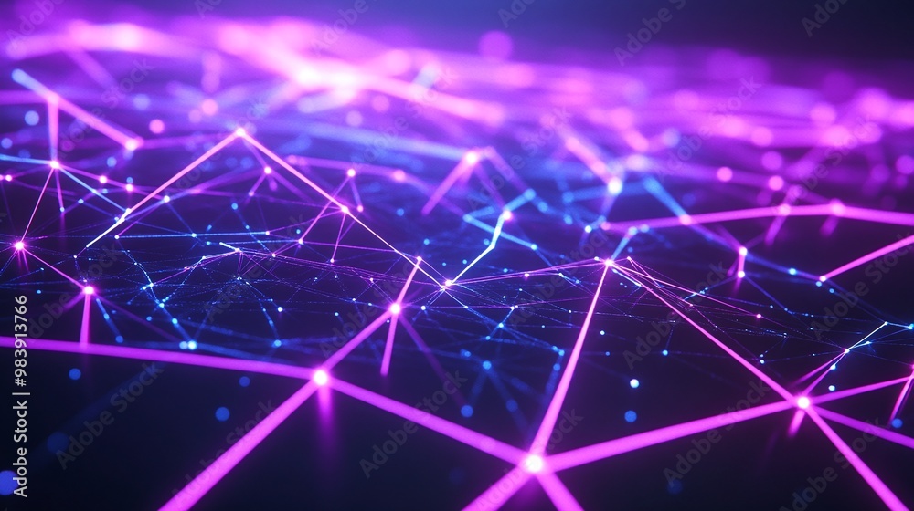 Obraz premium Futuristic abstract background featuring glowing lines and nodes in vibrant purple and blue tones, ideal for technology themes.