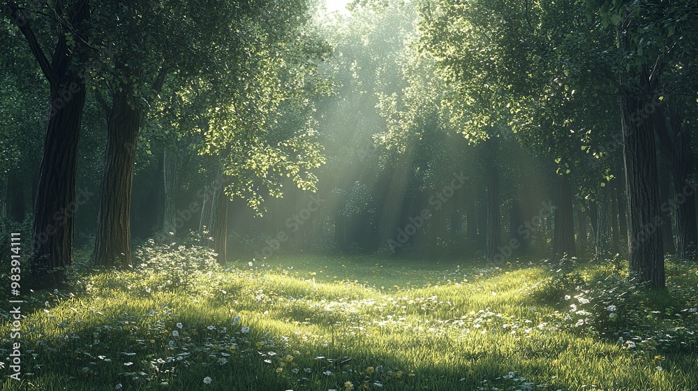 Fototapeta premium Sunbeams Filtering Through a Tranquil Forest Clearing