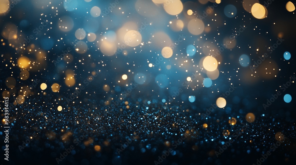 Enchanting abstract glitter lights in blue, gold, and black create a mesmerizing, festive backdrop. Enchanting abstract glitter lights in blue, gold, and black create a mesmerizing, festive backdrop.
