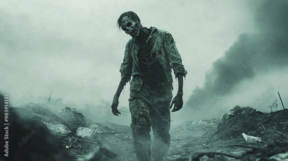 A zombie soldier in a tattered uniform, walking through a battlefield under a gray sky. A zombie soldier in a tattered uniform, walking through a battlefield under a gray sky.