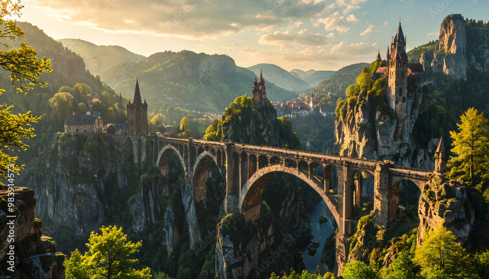 Fototapeta premium Pont médiéval entre les montagnes au coucher du soleil