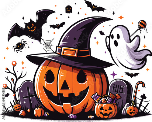 Adobe Illustrator Artwork spooky Halloween grinning jack-o-lantern with a witch's hat, friendly ghost
