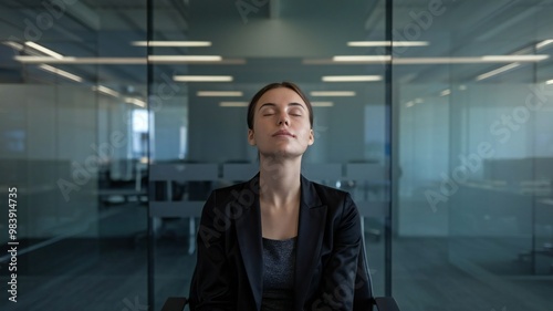 A woman meditating in the office