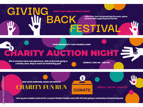 Charity event donate giving back festival banner set design template isometric vector illustration
