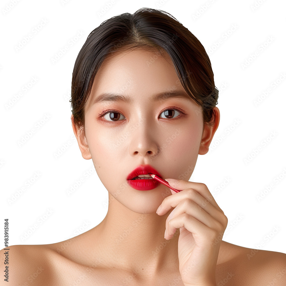 Close up Young Asian woman apply lipstick on her lips on a transparent background Close up Young Asian woman apply lipstick on her lips on a transparent background
