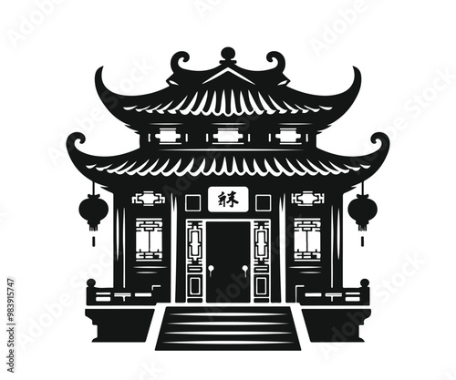 Chinese house silhouette vector art illustration