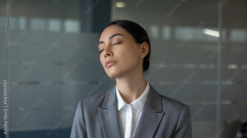 Side view close up head shot young mindful businesswoman breathing fresh air, managing stress at office. Calm peaceful millennial female manager, company owner or team leader meditating at workplace