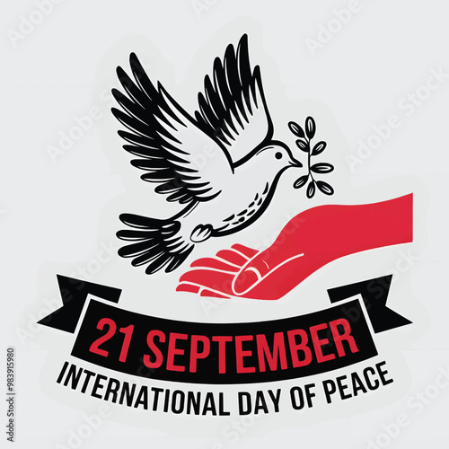 Vector design for International Day of Peace showcasing a black dove holding an olive branch flying over a red hand symbolizing unity harmony and peace awareness on September 21 worldwide.