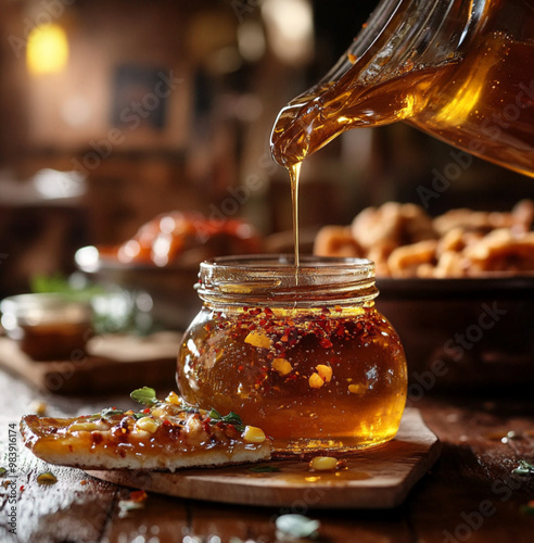 an elegant jar of homemade hot honey with visible chili flakes, a rustic wooden kitchen counter. Drizzle of hot honey being poured over a slice of pizza and a bowl of fried chicken in the background. photo