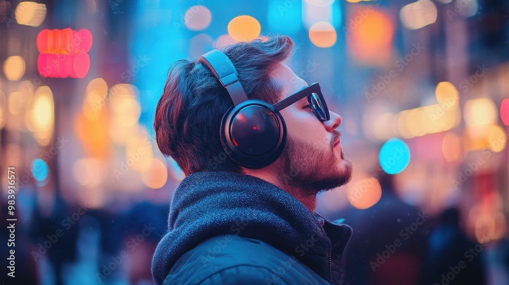 Man wearing noise-canceling headphones, focused and relaxed in a busy office environment, symbolizing the concept of noise cancellation and productivity enhancement Man wearing noise-canceling headphones, focused and relaxed in a busy office environment, symbolizing the concept of noise cancellation and productivity enhancement