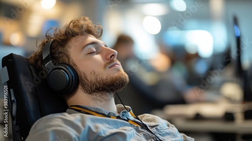 Man wearing noise-canceling headphones, focused and relaxed in a busy office environment, symbolizing the concept of noise cancellation and productivity enhancement