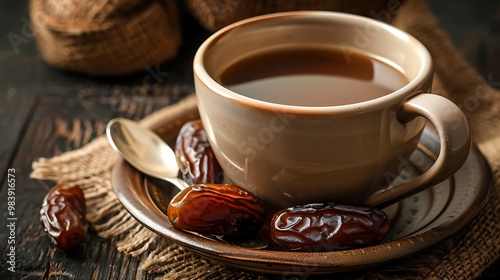 Served dry dates with a cup of chai on a teaspoon