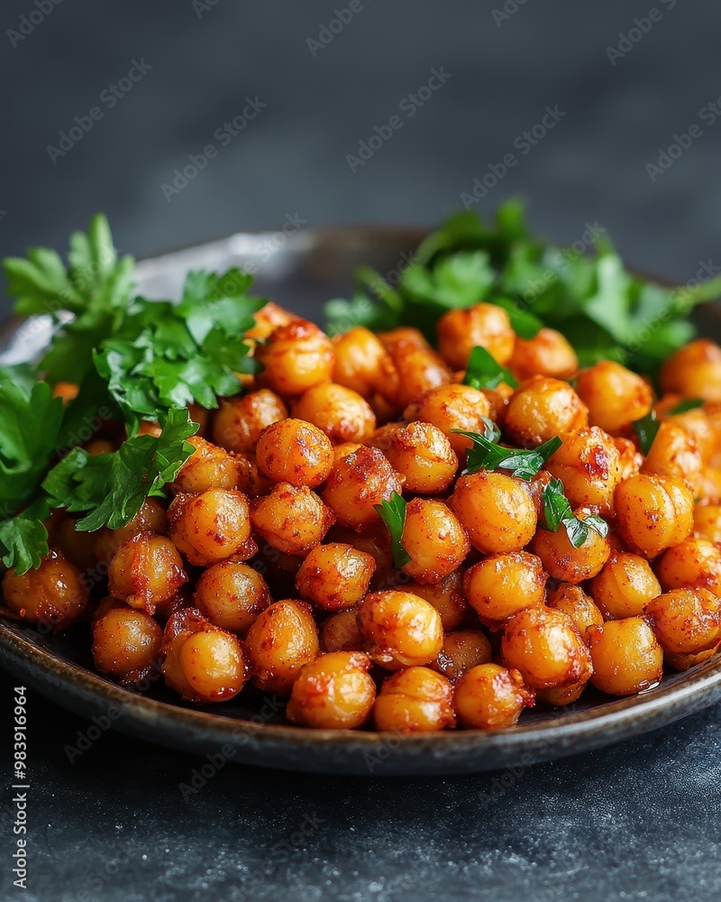 A plate of spiced chickpeas garnished with fresh cilantro, showcasing a vibrant dish. A plate of spiced chickpeas garnished with fresh cilantro, showcasing a vibrant dish.