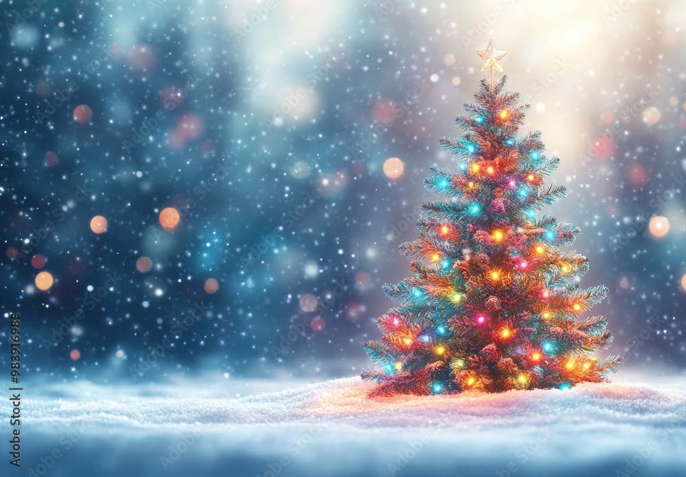 Colorful Christmas Tree in Snowy Winter Landscape Colorful Christmas Tree in Snowy Winter Landscape