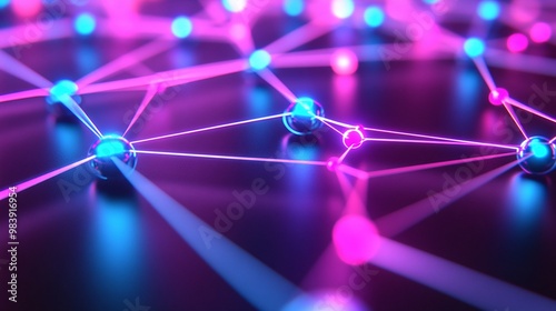 Vibrant abstract network of nodes and connections illuminated in pink and blue, representing technology and innovation.