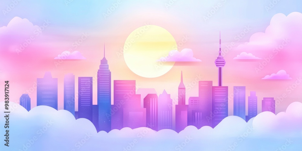 art of city skyline during sunset, big sun on colorful sky background art of city skyline during sunset, big sun on colorful sky background