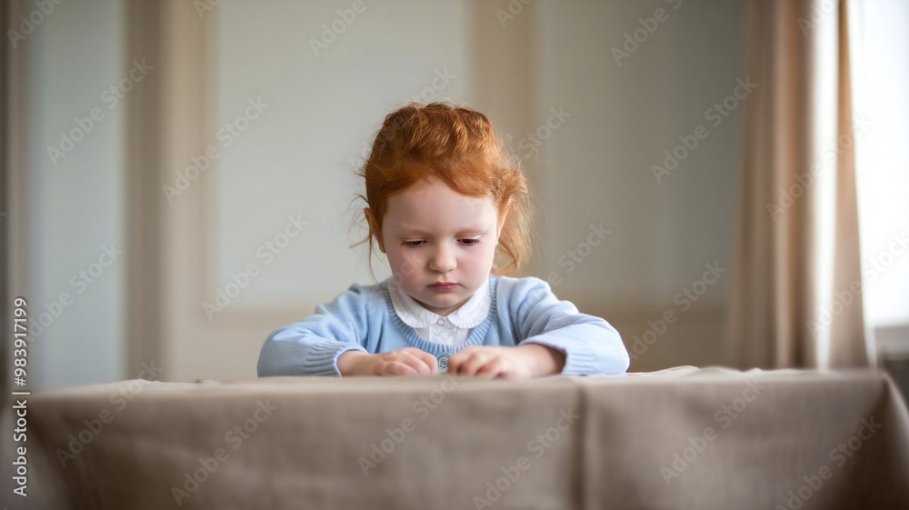 Red-haired girl sitting at table with boring face Red-haired girl sitting at table with boring face