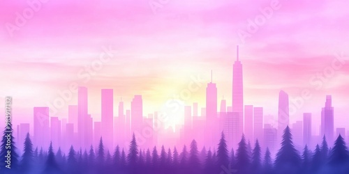 art of city skyline during sunset, big sun on colorful sky background