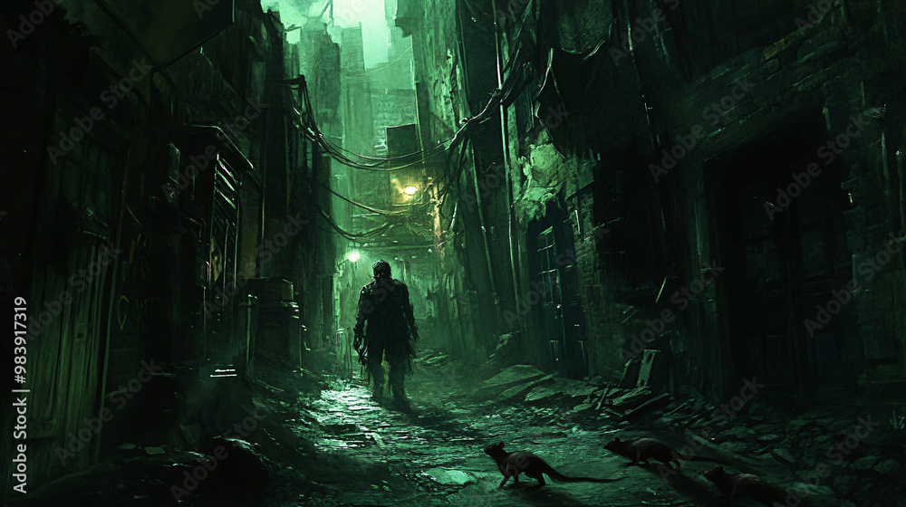 A zombie lurking in the shadows of a dimly lit alley, with rats scurrying at its feet.
