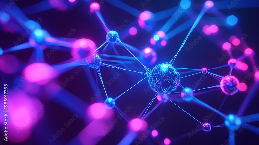 Vibrant abstract representation of interconnected molecules in vivid blue and pink hues, illustrating the concept of science and technology. Vibrant abstract representation of interconnected molecules in vivid blue and pink hues, illustrating the concept of science and technology.