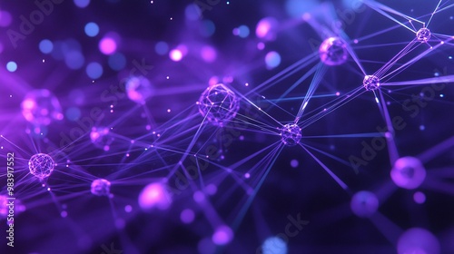 Vibrant abstract representation of particles connected by lines, showcasing a fusion of purple and blue hues in a digital network.