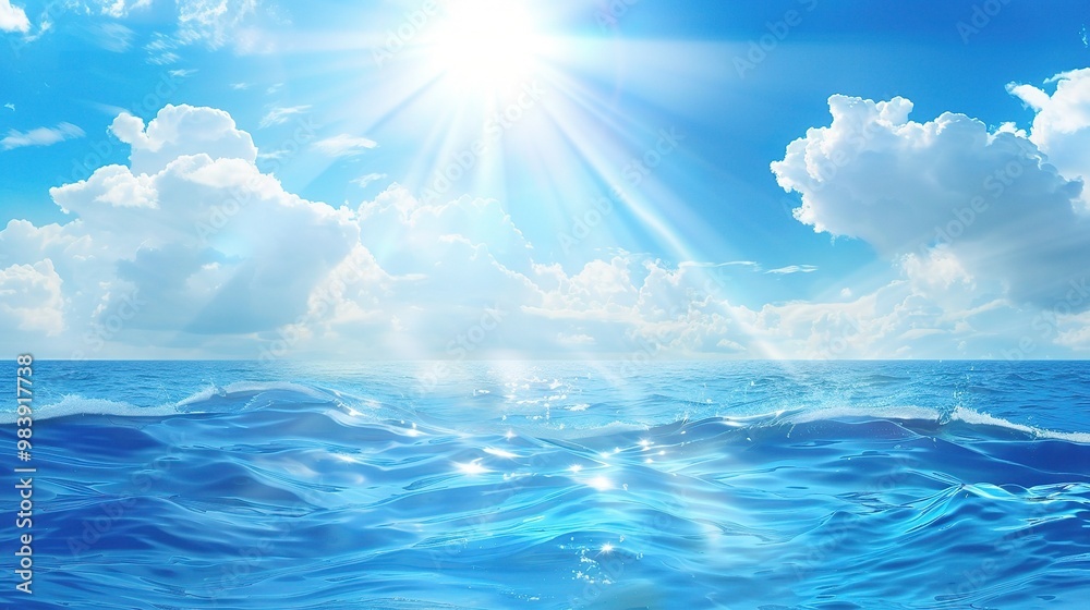 A beautiful scene of the blue ocean against the blue sky background. The ocean stretches out as far as the eye can see, with its surface glistening in the sunlight A beautiful scene of the blue ocean against the blue sky background. The ocean stretches out as far as the eye can see, with its surface glistening in the sunlight