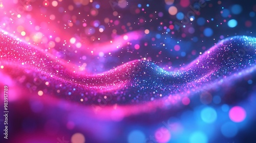 Vibrant abstract wave of colorful particles creating a stunning visual effect with shimmering lights and dynamic energy.