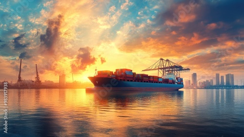 Cargo Ship at Sunset in a Bustling Harbor