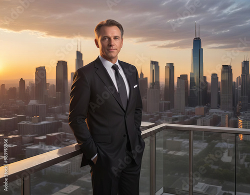  Middle aged Caucasian Man in a Suit on a Balcony photo