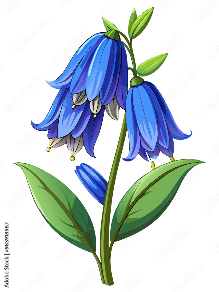 Obraz premium Charming Bluebell Flowers Illustration with Vibrant Blue Petals and Green Stems - Ideal for Spring and Nature-Themed Designs, Bluebell Flowers Vector, Bluebell Vector Illustration