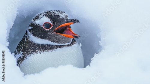 Penguin Emerging from Snowy Hideaway in Winter photo