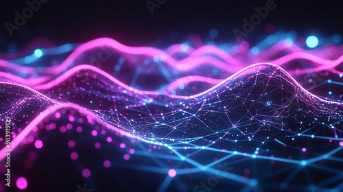 Vibrant digital waves featuring pink and blue colors, representing data flow and connectivity in a modern, abstract design. photo