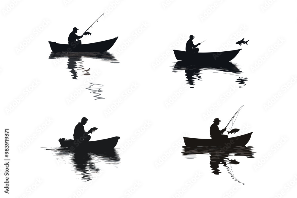 Fisherman vector silhouettes, Set of silhouette fisherman. Collection of fishing man on the waves and of the boat Fisherman vector silhouettes, Set of silhouette fisherman. Collection of fishing man on the waves and of the boat