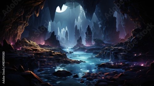 Mystical Cave with a Glowing Stream