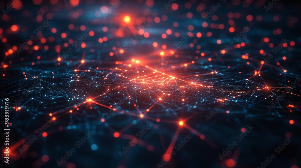 Vibrant network of interconnected dots and lines illustrating technology, innovation, and digital communication in a dark background. Vibrant network of interconnected dots and lines illustrating technology, innovation, and digital communication in a dark background.