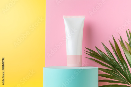 Wallpaper Mural white matte mockup of a cosmetic cream tube on a podium with a bright geometric modern background Torontodigital.ca