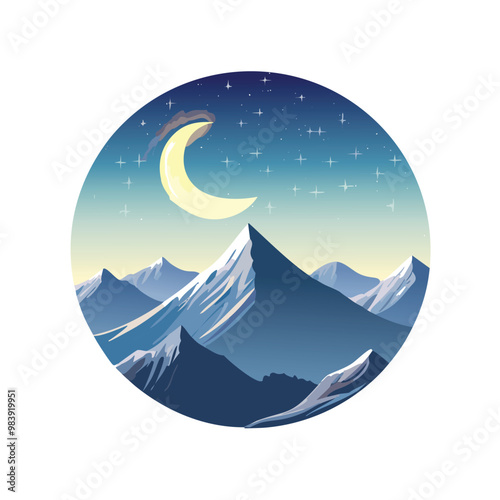 A bright crescent moon illuminating a mountain range