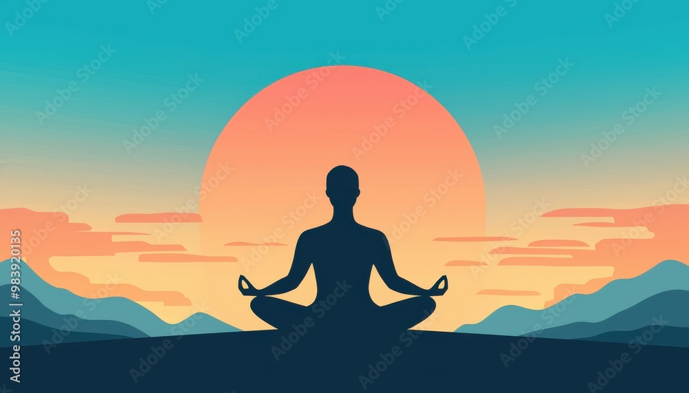 A serene silhouette of a person meditating against a vibrant sunset, promoting peace and mindfulness in nature. A serene silhouette of a person meditating against a vibrant sunset, promoting peace and mindfulness in nature.