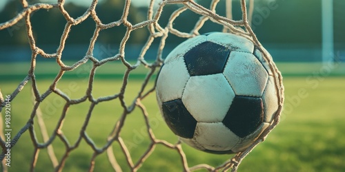 A dynamic close-up of a soccer ball caught in the net after scoring a goal.