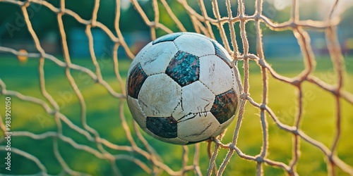 A dynamic close-up of a soccer ball caught in the net after scoring a goal.