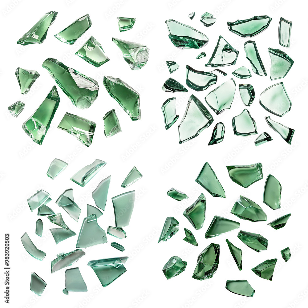 Set of shattered green glass fragments, cut out Set of shattered green glass fragments, cut out