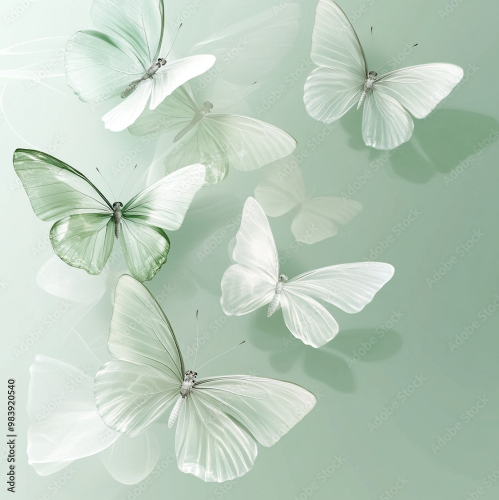 butterflies in plastic transparent material, flying on sky, on a light green background