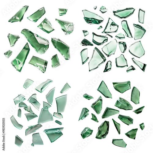 Set of shattered green glass fragments, cut out